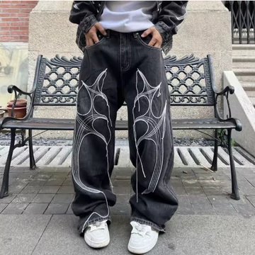 Cyber Embroidery Stacked Baggy Jeans