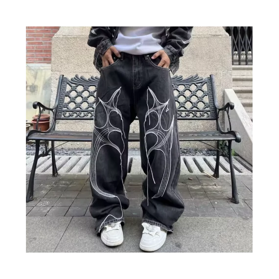 Cyber Embroidery Stacked Baggy Jeans