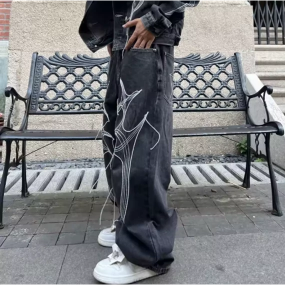 Cyber Embroidery Stacked Baggy Jeans